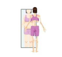 Anorexia and fullness. Womans skeleton in front of mirror sees her reflection as thick obsessive paranoid weight loss and mental disorders vector. vector