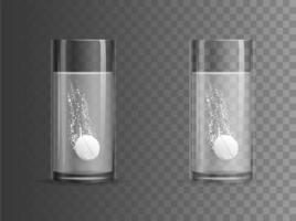 Effervescent tablet dissolves in glass beaker mockup. Realistic white pill with hiss and bubbles disappear into transparent vector bowl with water.