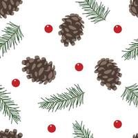 Seamless Christmas pattern with spruce cone pine cone and red berry. Spruce branch. Vector illustration