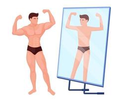 Reflection in mirror of a man no muscles. Male bodybuilder character with pumped up muscles. vector