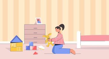 Child character plays at home. Little girl is playing in room with plush hare next house colored cubes. vector