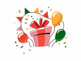 Festive box with gift. Colorful surprise with red wide ribbon and colored balloons birthday party. vector