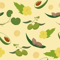 Natural vegan seamless pattern. Halves of green avocado with brown seed nuts on leaf olives on twig yellow flowers with round leaves eco background healthy lifestyle vector.