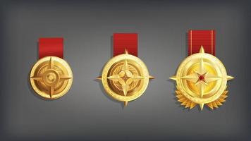 Ranked game cartoon medals. Symbol of achievement and badge victory in competitions brilliant triumph of cyber athlete award prizes for best vector result.