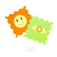 Illustration of lsd stamps with color emoticons. The concept of psychedelic, unbridled cheerful mood, hallucinogenic, narcotic travels. Color vector art flat style.