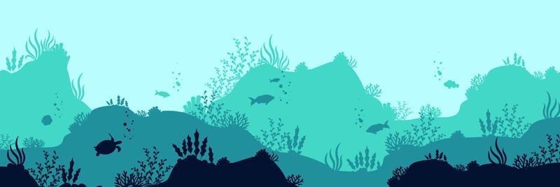 Oceanic deep world background. Dark underwater silhouettes swimming sea fish with blue outlines corals.