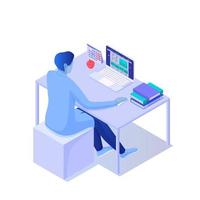 Man sitting at desktop with laptop isometric illustration. Character using behind open device. vector