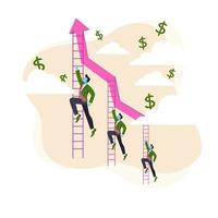 Boost business character illustration. Career and financial growth of businessman man climbs up the stairs. vector