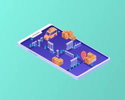 Delivery route in smartphone isometric concept. Mobile navigation logistics order routes using smart application. vector