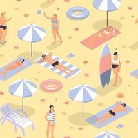 People sunbathe and play beach isometric seamless pattern. Woman in striped gray swimsuit walks with surfboard. vector