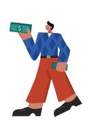 Successful casual cartoon male holding pack of cash back of money refund big limbs style. Happy business man character with currency vector flat illustration isolated on white