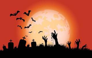 feliz halloween, manos y murciélagos zombies, letras navideñas para banner, ilustración vectorial.