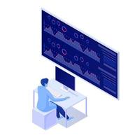 Analysis of DNA information on coronovirus isometric concept. Scientist character testing infographic of disease on larger monitor. vector