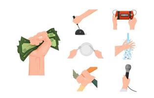 Hands performing actions set. Hand squeezes pack of green hundred dollar bills holds knife and fork sets plastic explosives carefully rinses with soap holds vector microphone.