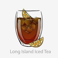 cóctel de té helado de long island. Cóctel de naranja oscuro cubitos de hielo rodaja de limón todo el día vodka a base de alcohol ginebra ron ligero tequila cola servido vidrio vectorial highball categoría de hielo clásico moderno. vector