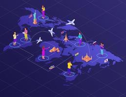 World map with routes and tourists isometric illustration. Travel to global adventure landmarks plane. vector