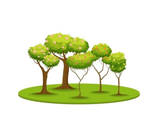 Glade with flowering trees. Green spring fruit deciduous plants with red bright flowers and pink shoots young grass growing in dense vector carpet.