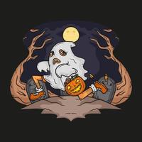 Halloween Ghost Running In Graveyard Vector Illustration