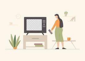 Woman watching tv illustration. Female character with remote control in living room turns smart device cozy rest after working day modern technological vector relaxation.