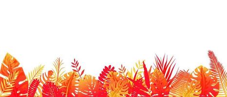 Red yellow fern background. Horizontal tropical rainforest decoration in rays of setting sun floral botanical background elegant bright red fern leaves wild natural lawn in vector saturated colors.