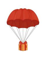 Gift box on a parachute. Surprise with red ribbon descends from sky under an elegant dome. vector