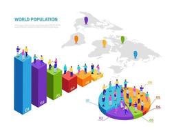 Isometric human populations infographics. Pie charts and statistical pillars with people for studying demographic. vector