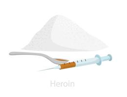 A slide of heroin with a syringe with a ready injection and a dose-filled spoon. Illustration of addiction, addiction, overdose. Vector graphics isolated on white background.