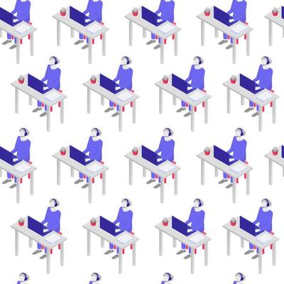 Support service consultation isometric seamless pattern. Character in blue uniform with headphones behind laptop gives advice.