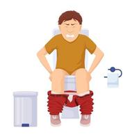 Character with constipation in toilet. Man stomach problems sits on toilet grimace pain exertion aggravated hemorrhoids. vector