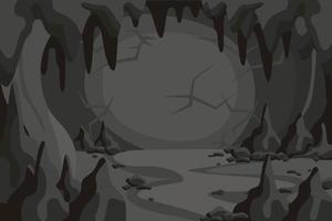 Horror de dibujos animados cueva túnel paisaje vector ilustración gráfica. oscuridad escena de montaña con fondo de piedra. roca peligrosa en la oscuridad misteriosa formación de acantilados naturales