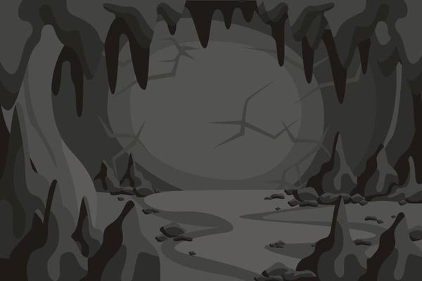 Cartoon horror cave tunnel landscape vector graphic illustration. Darkness mountain scene with stone background. Dangerous rock in dark. Mysterious natural cliff formation
