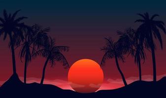 siluetas al atardecer de palmeras en la noche. playa tropical sobre fondo rojo negro puesta de sol hermoso paraíso costero complejo romántico laguna con exótica noche vectorial. vector