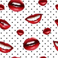 Womens painted lips seamless pattern. Red kiss with dazzling white teeth female romantic makeup with beautiful sexy decoration marks passion and admiration seductive vector. vector