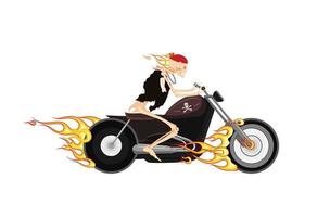 Burning skeleton biker on fiery motorcycle. Dead man in bandana rushes on vintage chopper creep ghost rider sets out vector hunt.