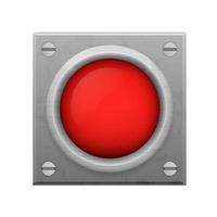 Red alarm button. Emergency signaling symbol on metal plate for quick disconnection of dangerous devices and warning of vector danger