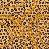 Panther skin with gold chains seamless pattern. Puma yellow spots with black jaguar scheme outlines in tiger vector color.