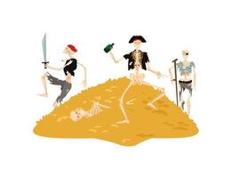 Skeletons of pirates dancing on pile of gold. Dead in decayed sea clothes with bottles of rum and run with saber to attack dead corsair with crutch for vector walking.
