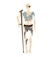 Skeleton pirate with crutch. Dead corsair warrior with combat injuries and eye patch stands leaning on long vector stick.