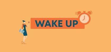 Wake up poster. Morning rise and starting new things depriving you comfortable sleep with help of alarm clock. vector