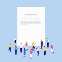 Crowd people business presentation isometric banner. Group characters discussing next large white sheet news. vector