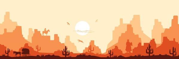 Hot savanna wild west background. Daytime yellow heat with silhouettes cacti and cowboys horseback orange mountains in haze. vector