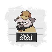 Life of disgruntled pug in 2021. Gloomy cute dog dressed in suit with baseball cap. vector