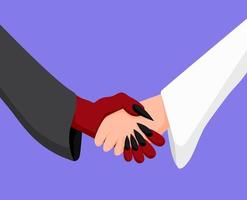 Angel and demon handshake. Deal between enemies cooperation between good and evil, vector illustration harmonious clipart reconciliation for sake of achieving goal.