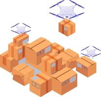 Delivery drones carry and stack boxes isometric illustration. White modern quadrocopters ship sort yellow boxe. vector