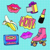 Design style 90s set. Color retro pop music cassette bright red lipstick reel with photographic film stylish clipart roller skates vector design 80s and 90s lipstick brightly painted hot lips.
