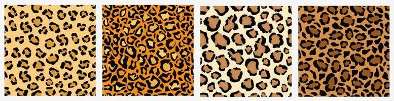 Set of various leopard skin seamless pattern. Collection of different colorful wild animal print design vector flat illustration. Trendy colored decoration exotic template