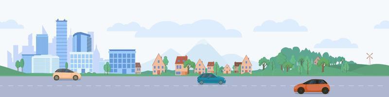 City horizontal road seamless. District highway with rare cars background of urban skyscrapers residential private houses near green park grove beautiful cartoon outline transport direction vector. vector
