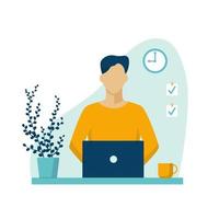 Male character works at home using laptop. Freelancer fulfills an urgent order at home designer on sick leave finishes project for delivery comfortable rest and vector work.