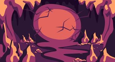 Creepy cave of monsters illustration. Gloomy dark dungeon with stalactites bloody river flows to passage of demons an oppressive atmosphere evil nightmare dark magic enveloping vector hole.