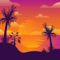Coconut palm trees on beach at sunset. Sun reflection in sea water. Bird flying in beautiful sky vector illustration.